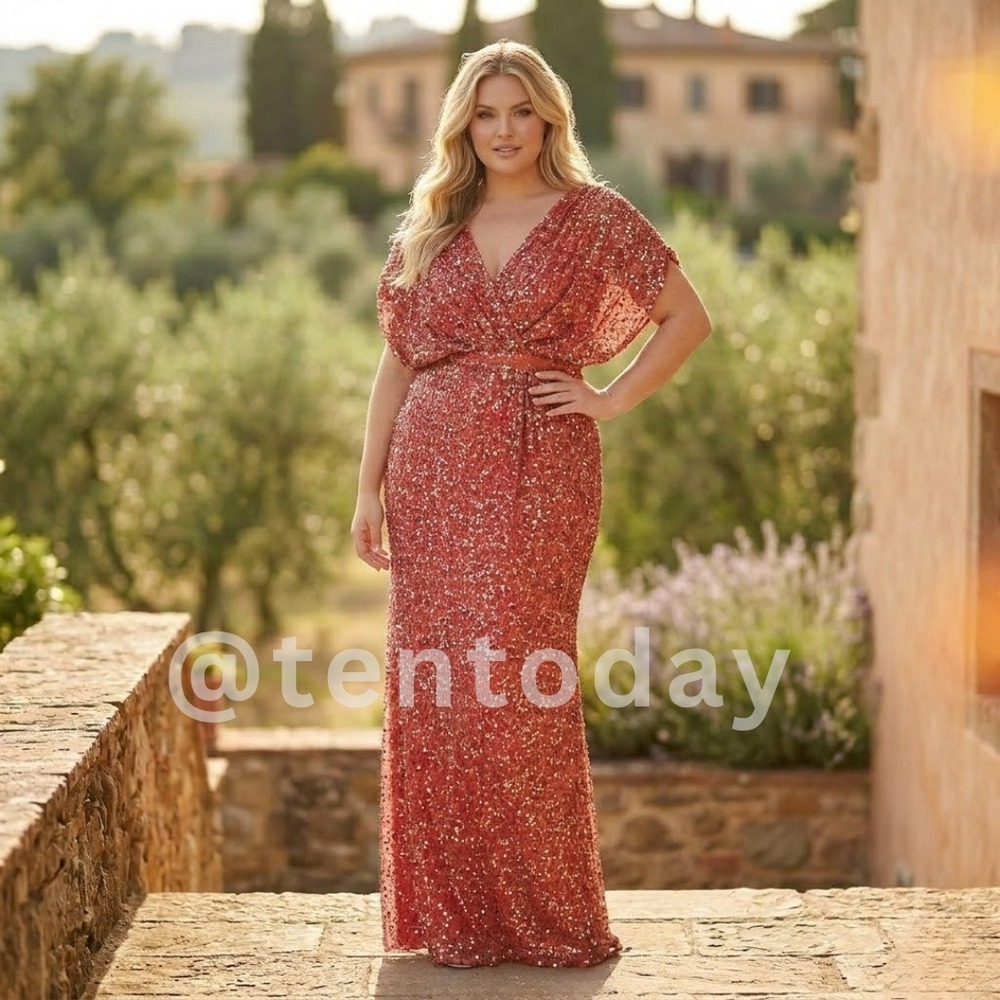 Mac Duggal Size 12 Coral Orange Sequin Draped Sleeve V-Neck Long Gown Maxi Dress